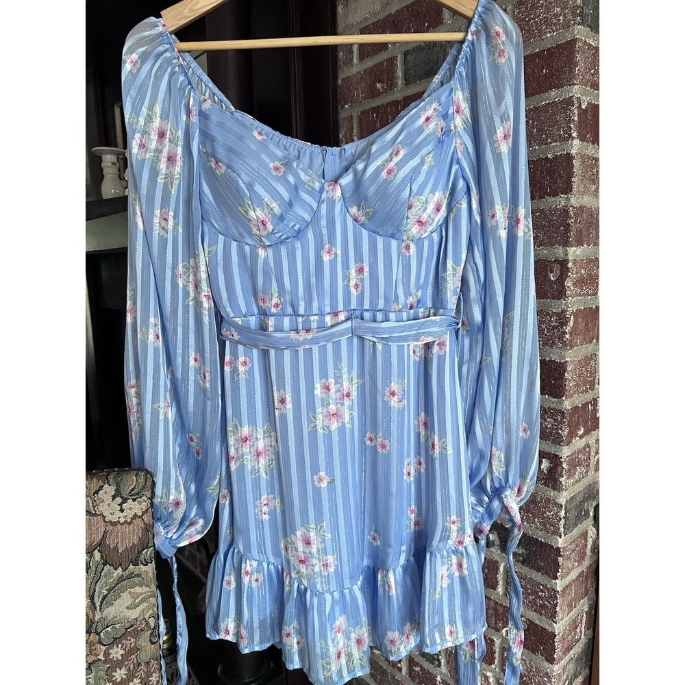 B DARLIN Sz 3/4 Blue Lined Belted Short Dress Built-in Bra